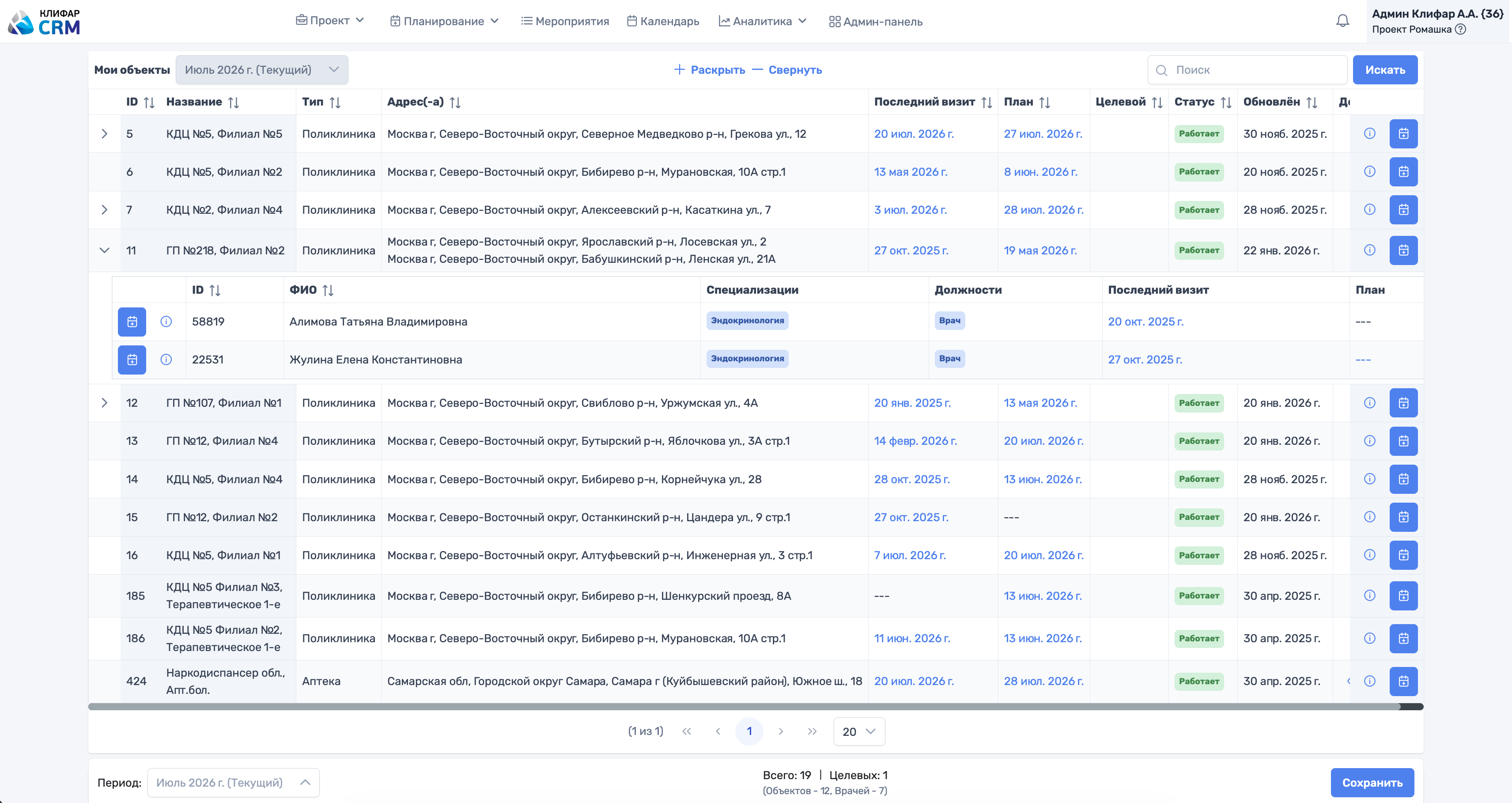Клифар CRM: личная база учреждений и специалистов